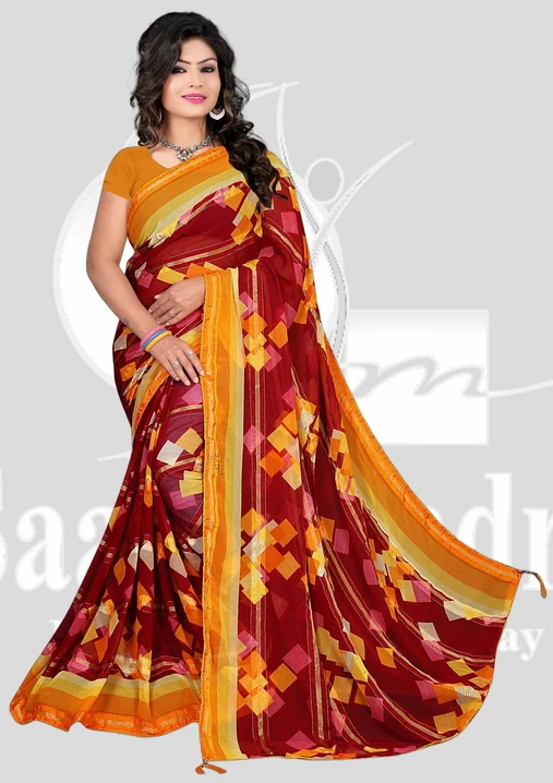 Wetless Printed Saree with Satin Patta & Piping - BW - Yellow Mix